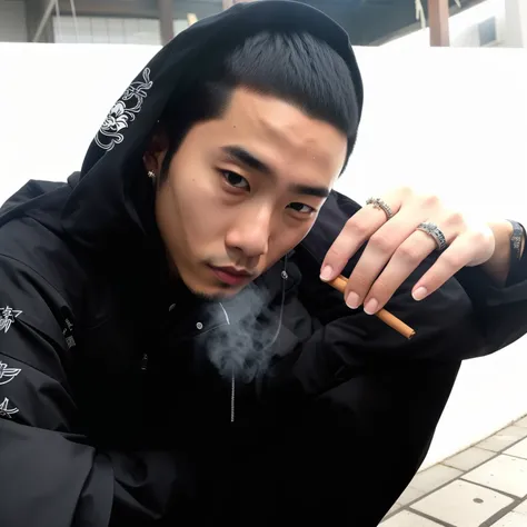 Homem fumando um cigarro enquanto estava sentado em um banco, Hsiao-ron, kanliu666, estilo araki, araki, Hong junho hyung, cai xukun, Shigeto Hirai Yuya, hyung tae, estilo de kentaro miura!!!!, wearing Japanese techwear, cute japanese demon boy, inspirado ...