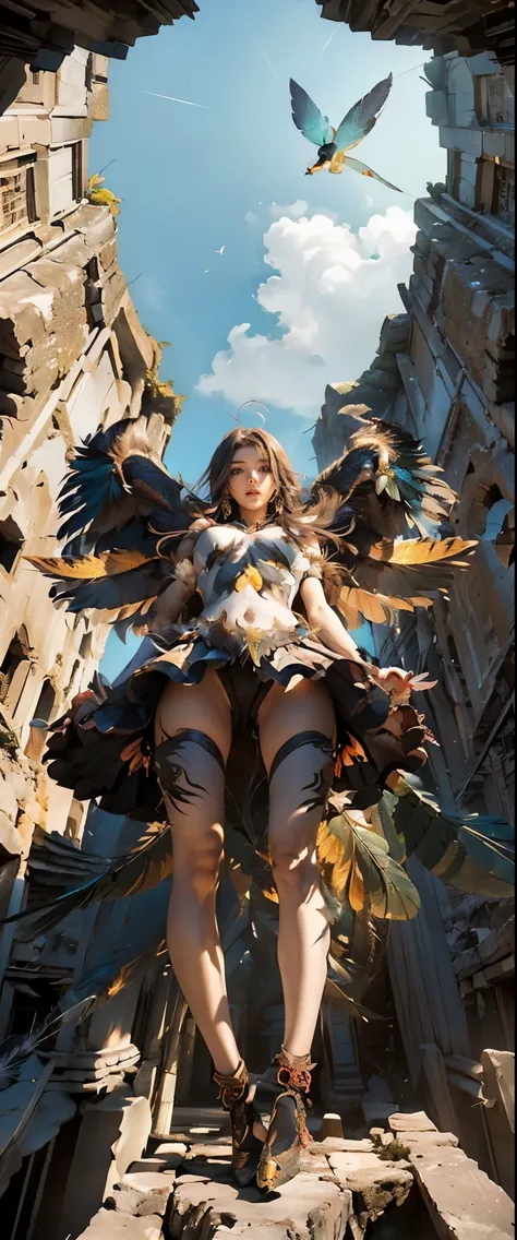 masterpiece、detailed、shiny skin、big breasts、(cleavage)、big ass、(thigh focus)、((A girl with huge wings on both arms、 has the legs of a bird of prey、The whole body is covered with feathers:1.8)), ((feather wings, Detailed legs approaching, detailedな羽と毛皮, com...