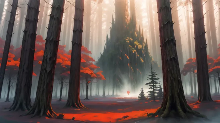 fantasy art, role playing art, super wide shot, raw, lifelike, dark fantasy forest pictures, Mist rises from the ground creeping mist,  A red glowing giant gem in a clearing in the middle of the forest，
