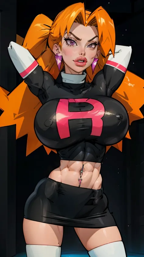 Cassidy aesthetic, white gloves, high heels,  (aletta ocean face), (puffy lips), FernFrieren, ((tight black skirt)), thong under skirt, ((v cut abs, slendered abs)), very long hair, ((orange hair)), eyes, ( pupils), ((black top)), giant letter R on top, ((...