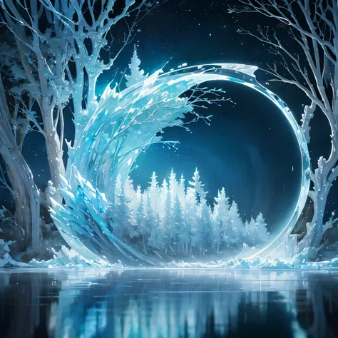 ((In the water，Light blue-white tones))，Extremely spectacular、Stunning visual scenes，Many transparent glowing crystal trees，transparent reflective lake，Fresh and healing wind，Special fog effect halo，masterpiece，top quality，Highly intricate and exquisite de...