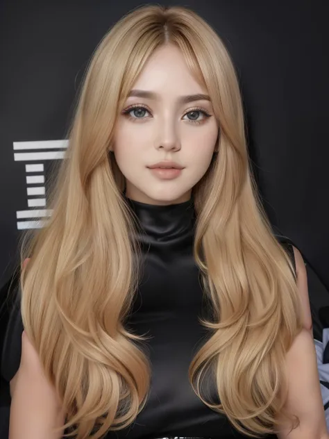 um close up de uma mulher com longos cabelos loiros e um vestido preto, retrato de Kim Petras, franja repartida ao centro, inspired by Károly Lotz, potes de imogen, Sydney Sweeney, longos cabelos loiros e olhos grandes, cabelo loiro na altura dos ombros, f...