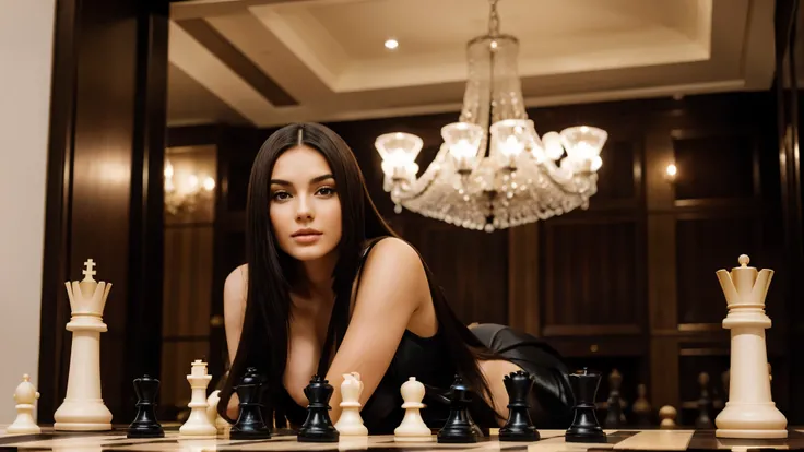 (the most beautiful woman in the world) straight hair, between huge chess pieces