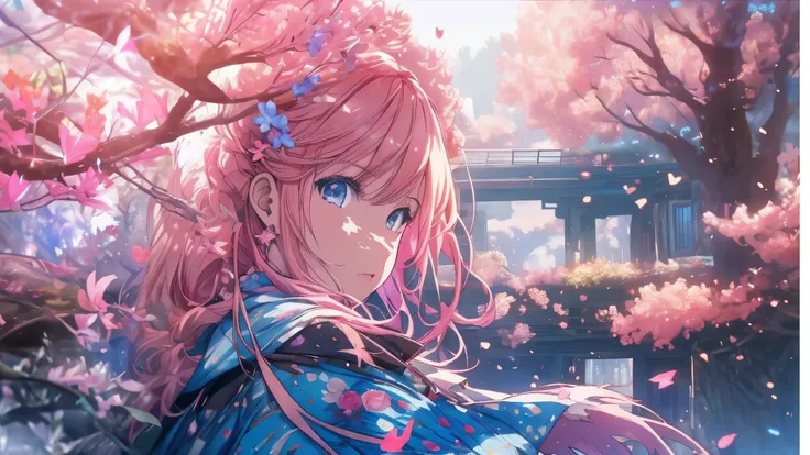 Anime girl with pink hair and blue eyes standing in front of a tree., estilo anime 4k, Fondo de pantalla de arte anime 4K, Fondo de pantalla de arte anime 4k, arte de anime digital detallado, hermoso retrato animado, fondo de pantalla de arte anime 8 k, he...