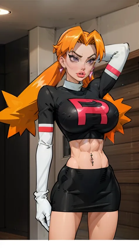 Cassidy aesthetic, white gloves, high heels,  (aletta ocean face), (puffy lips), FernFrieren, ((tight black skirt)), thong under skirt, ((v cut abs, slendered abs)), (black shoulders), very long hair, ((orange hair)), eyes, ( pupils), ((black top)), giant ...