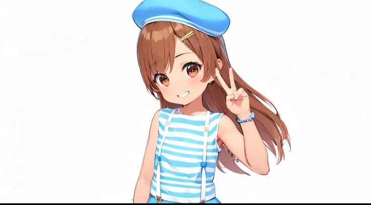 1girl, lightly tanned skin, cute, brown hair, brown eyes, white hairclip, wearing white and blue striped shirt, light blush, peace sign, blue beret, blue skirt, white bracelet, absurdres, high res, ultrasharp, 8K, masterpiece, looking at viewer, grinning