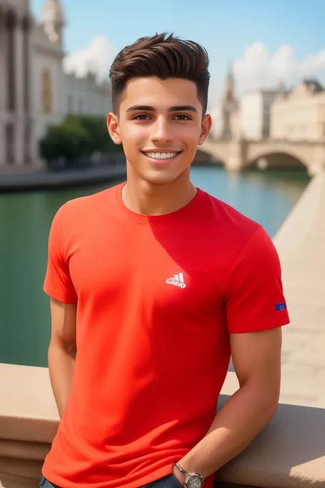 (best quality: 1.2, 8k resolution, high definition), full body portrait of a young Latino man, short brown hair, perfectly aligned teeth forming a radiant smile, gazing directly into the camera, intricately detailed features, European backdrop, (masterpiec...