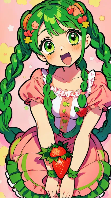 a girl anime girl with lots of green hair and strawberries around her, 1girl, green eyes, solo, green hair, braid, twin braids, ...