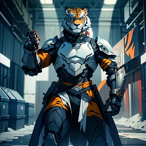 A robotic tiger standing on its hind legs ,covered with majestic armour ( covering every body part) 