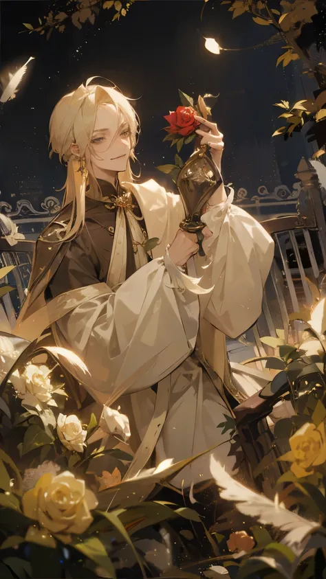 a 20 year old prince like man with shoulder length blonde hair, gray eyes, a lean physical physique, and a mage-type outfit, and a feather earring on the left ear the background is him leaning in a chair with smirking inside a rose garden 