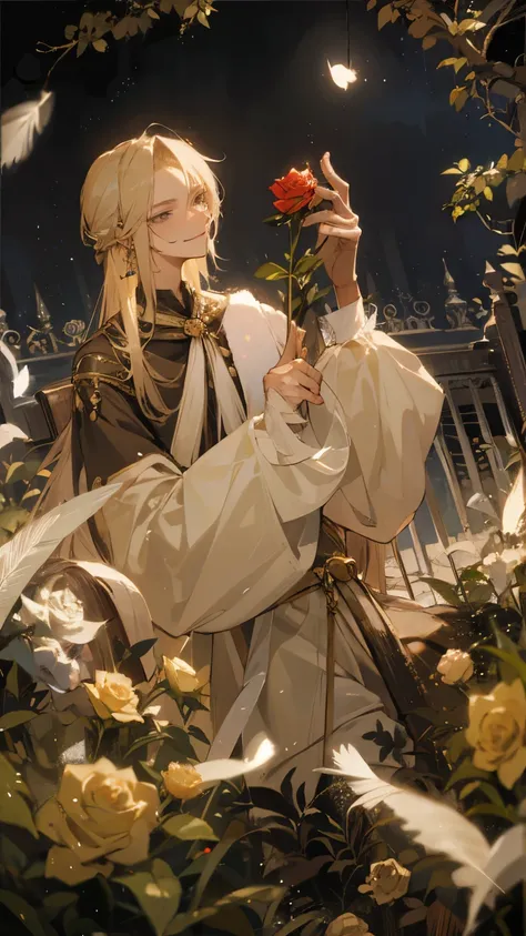 a 20 year old prince like man with shoulder length blonde hair, gray eyes, a lean physical physique, and a mage-type outfit, and a feather earring on the left ear the background is him leaning in a chair with smirking inside a rose garden 