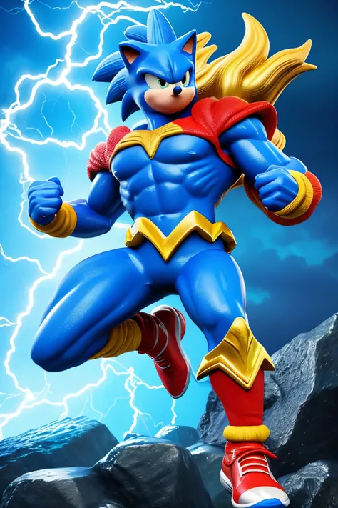 Realistic 3D rendering of Sonic blue hedgehog in Super Saiyan fusion with Aquaman, surrounded by electrifying lightning, showcasing massive muscles and impressive body definition in a full-body shot, bringing out every intricate detail in textures and pore...