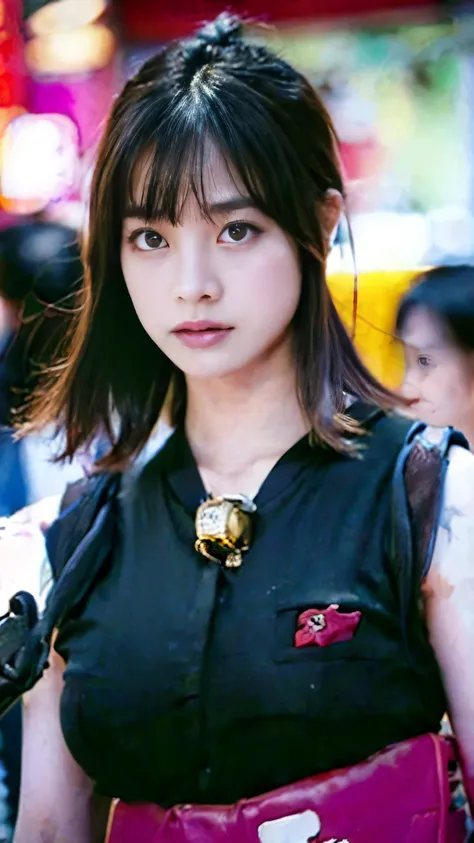 香港の路上にいるGang boss， A group of gang members stood behind，angry look，mixed korean，background is blurry，focal，movie lighting，(((master piece))), ((best quality)), ((intricate and detailed)), ((ultra realistic realism)), ridiculous solution, mature woman, matu...