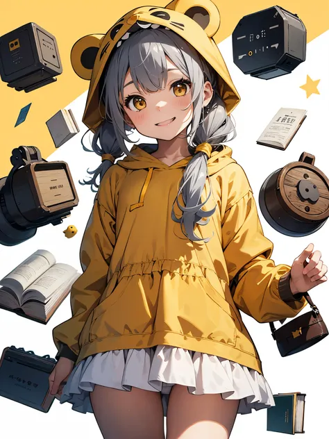 //
[(white background:1.5)::5],
//
(alone:1.2),1 girl,Little,smile,open your mouth,close your eyes,gray hair,low twin tails, bear ears, whole body, Are standing,(Yellow animal costume:1.2), hood up, At home,grow,Bookhelves, Cat, Book, cup, clock,