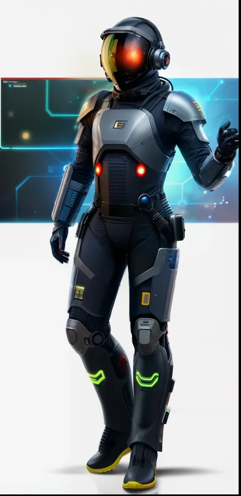 Desenho realista de um homem em um traje espacial com capacete e luvas, science fiction costume, personagem estelar, clothed in cyber armour, dressed in sci-fi military armor, science fiction suit, cyber suit, diverse cybersuits, Science fiction character,...