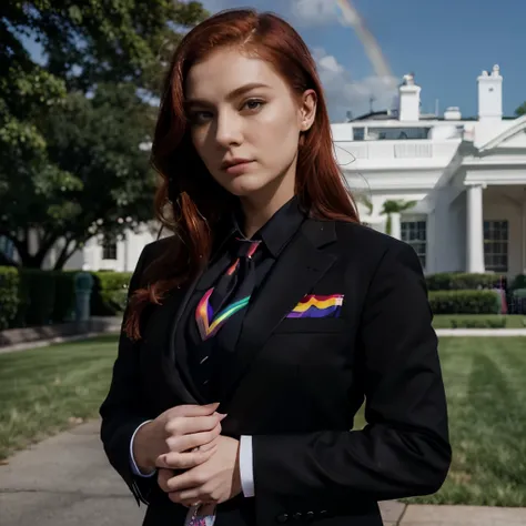 President, female, US president, red hair, black suit, white shirt underneath, black tie, the white house, rainbow pride flag, lgbtq flag, pride flag 