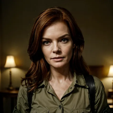  Marcia Cross , in a post apoca zombie world, Dressed as a military, portrait hd