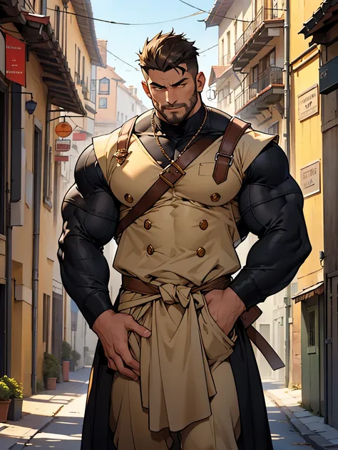 In this full-body CG drawing, the bustling medieval town comes to life as a mature man, approximately 30 years old, stands confidently on the stone road. His face shape is square with sharp edges, accentuating his strong features. A hint of stubble graces ...