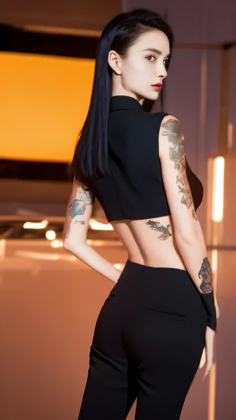 highest quality，masterpiece，8K, Beautiful woman，(Topless)，whole body，(tattoo)，Black slacks，female mafia，cyberpunk city，night，looking back at me