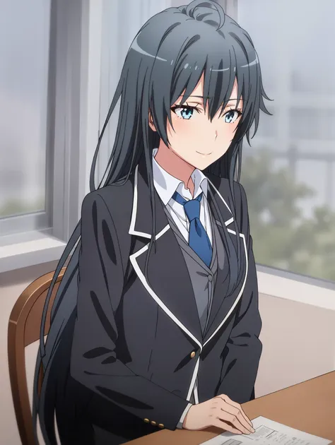 yukinoshita yukino ,a woman wearing a formal, attractive coat stands in a large gap in the room , 1girl, single, blue necktie, b...