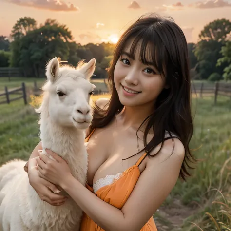 beautiful young asian girl, nature scene, posing with a cute white llama, pretty smile, young face, black hair, big messy hair, fair skin, slim figure, cleavage, wearing an orange sun dress, feminine, sunrise, morning light