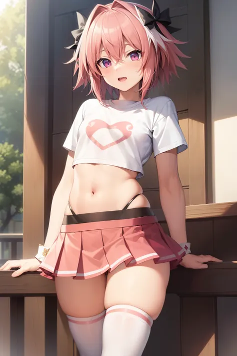 ((masterpiece, best-quality, ultra detailed, good eyes)), male, femboy, cute, short, wide hips, astolfo, t-shirt, (long pink hai...