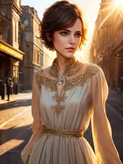 (masterpiece, best quality:1.3), cute woman with short hair, urban cityscape, morning, quiet and peaceful with soft morning light, playing of sun rays and shadows, fantasy, intricate, elegant, trending on artstation, concept art, soft focus, cinematic ligh...