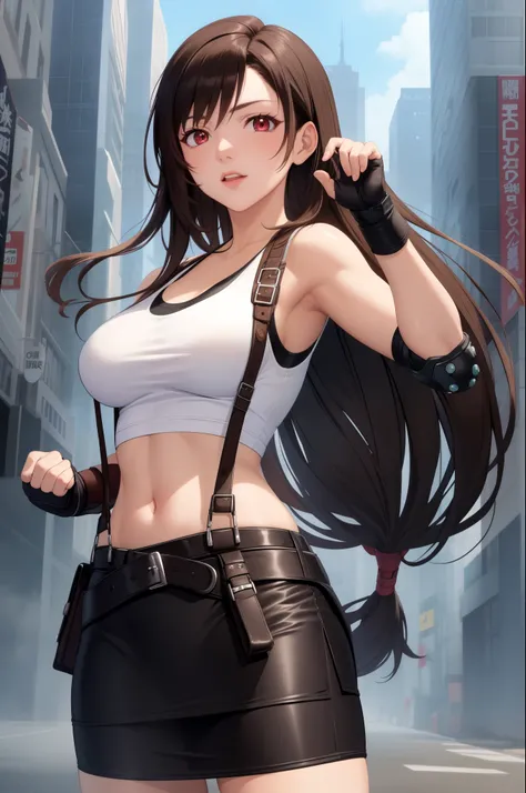 master piece, best quality, 8k, ultra high resolution, highest quality, anime style, best writing, beautiful face, masterpiece, highest quality, Tifa, white crop top, elbow pad, fingerless gloves, suspenders, pencil skirt, Upper body, looking at the viewer...