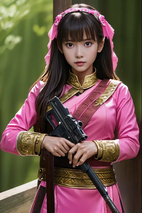 ((best quality)), ((masterpiece)), (detailed), beautiful girl who looks innocent but is actually a lethal killing warrior wearing pink