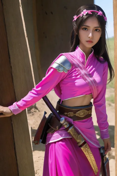 ((best quality)), ((masterpiece)), (detailed), beautiful girl who looks innocent but is actually a lethal killing warrior wearing pink