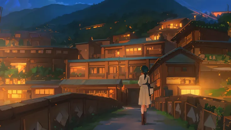 rich nature,beautiful and aesthetic,Anime scene of a woman walking down a narrow path with buildings in the background, makoto shinkai&#39;style, studio glibly makoto shinkai, makoto shinkai style, ( ( makoto shinkai ) ), mokoto shinkai, in Makoto Shinkai&...