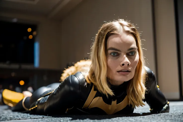 margot robbie, short blonde hair, batgirl suit, passed out on the floor in a very dramatic scene, serious look, photorealistic p...