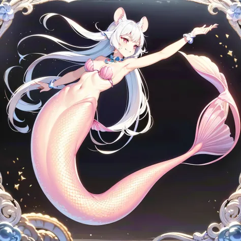 Pretty anthropomorphic mouse girl magically transformed into a beautiful mermaid, race swap, sharp teeth, is smiling, drawn in anime style, steampunk, fishlike, very long curly white hair, red eyes, white fur, slim body, whiskers, mouse ears, long mermaid ...