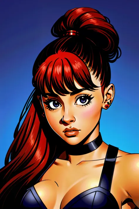 ariana grande, 20 years old, red hair, ponytail, straight bangs, black eyes, retrato