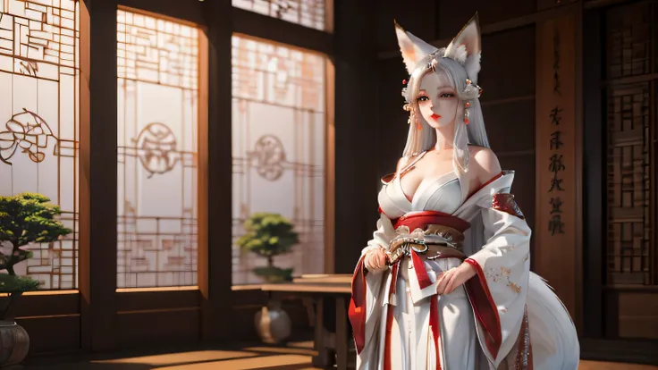 A gray-haired kitsune with fox ears in royal clothes in a large hall against the backdrop of a banquet hall without earrings with her hair flowing, Her hair, закрывающие ears, Very beautiful, Detailed face, breast, ears, Realistic, High quality, Profession...