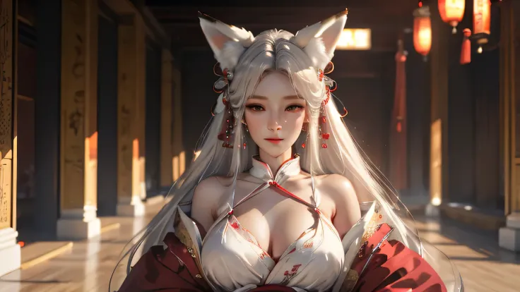 A gray-haired kitsune with fox ears in royal clothes in a large hall against the backdrop of a banquet hall without earrings with her hair flowing, Her hair, закрывающие ears, Very beautiful, Detailed face, breast, ears, Realistic, High quality, Profession...