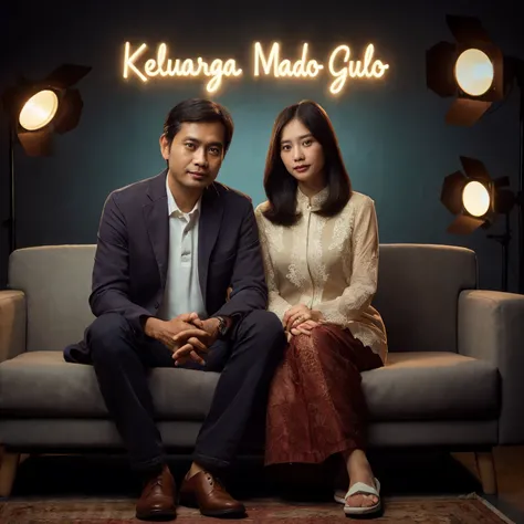 two Indonesians, a 42 year old man wearing a blazer, a 37 year old woman wearing a kebaya with straight hair sitting together on the sofa. They look like a family because they are wearing uniform casual clothes and posing intimately, the dark photo studio ...