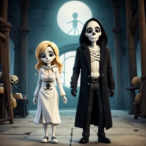 Grim reaper skeleton and his wife with blonde hair 