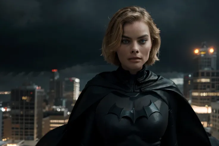 margot robbie, short blonde hair, batgirl suit, black cape, jumping from the top of a building, serious look, photorealistic por...