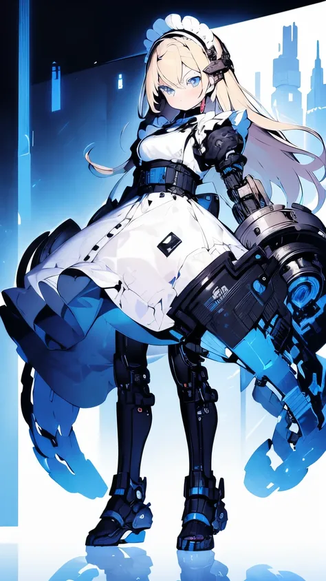 ultra detailed, 8 year old girl, long blonde hair, blue eyes, morbid look, technological plate fused to the chest blue light core, maid uniform, cyborg arms and legs, mechanical limbs, connected power cables, biomechanics, android girl.