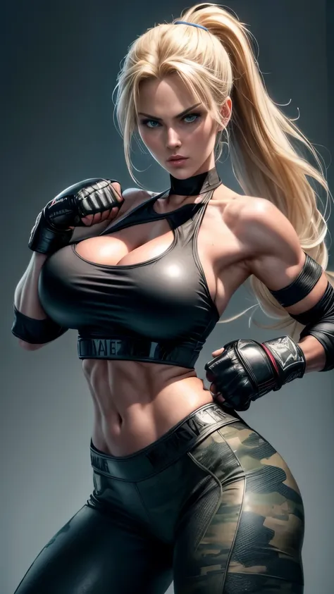 ((Fighting pose, sparring with boxing bag)) ((Sexy, tall and very beautiful sonya blade from mortal kombat videogame series)) ((dark eyeshadows make up)) (()) (()) ((big bright blue eyes)) (()) ((badass)) ((very long straight blonde hair with pony tail)) (...