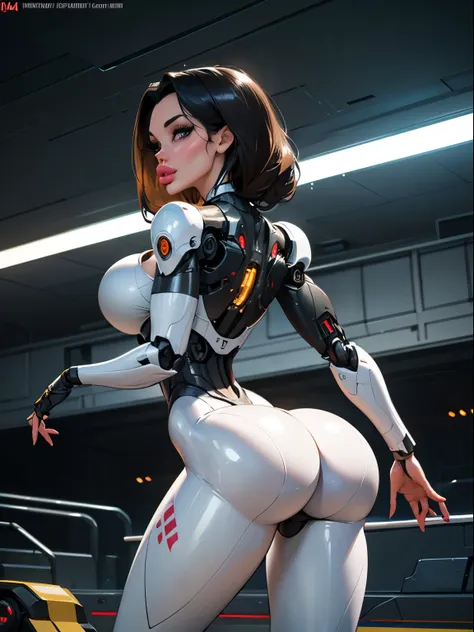 (side profile), ((cinematic lighting)), There is a woman in a robot suit posing next to an ancient building, Beautiful white girl half cyborg, (aletta ocean face), (slender metallic abs), Cute cyborg girl, Beautiful girl cyborg, Perfect Robot Girl, Cyborg ...