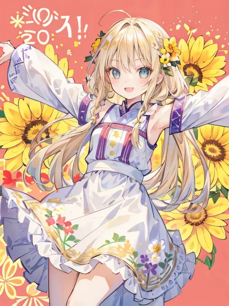 girl,thin blonde hair,long braided hair,Arms spread wide,celebration,｢1300｣characters,big smile,((Flower background:1.3))