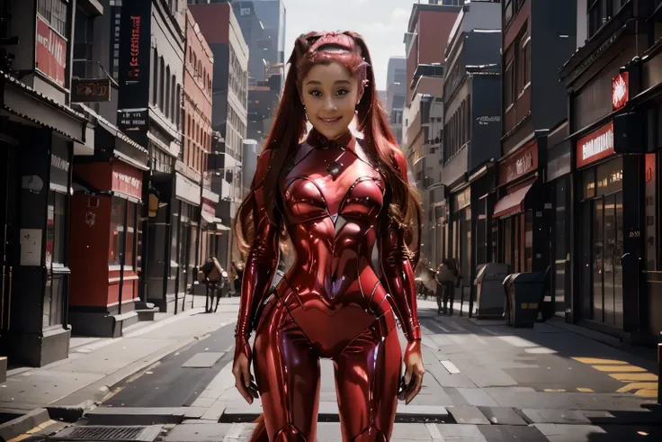 full body shot of ariana grande, long red hair, red catwomen suit, posing front a building, smiling, hands on waist serious look, photorealistic portrait, dramatic, cinematic, 4k resolution, hyperdetailed