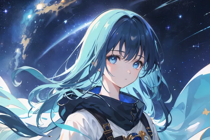 Create exquisite illustrations reminiscent of Makoto Shinkais style, It has ultra-fine details and top-notch quality. Craft a high-quality illustration of a girl wandering through outer space, her expression curious and enigmatic, while ensuring an overall...