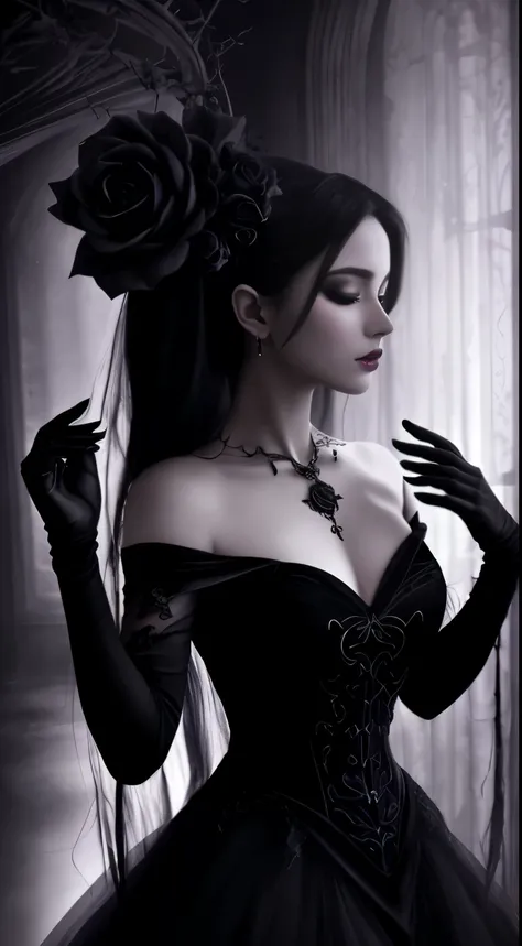 black rose,velvet petals,dark romance,thorny beauty,(best quality,4k,8k,highres,masterpiece:1.2),ultra-detailed,subtle shadows,vivid colors,mysterious atmosphere,gothic elegance,dramatic lighting,seductively delicate,unique blossom,mesmerizing allure,fasci...