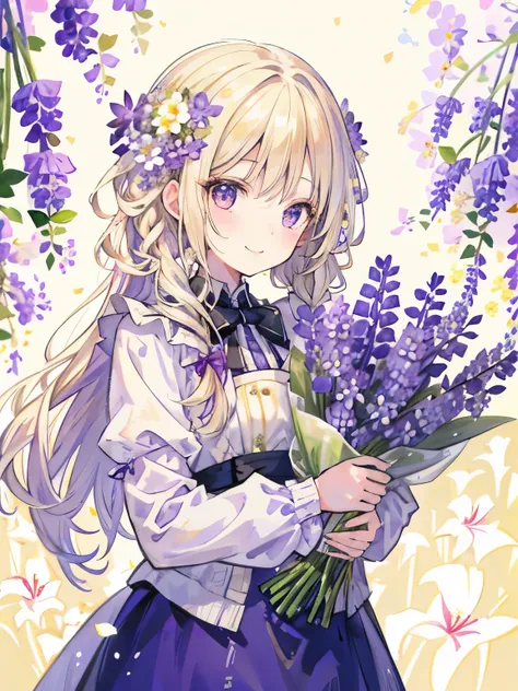 girl,thin blonde hair,long braided hair,holding a bouquet of lupines,celebration,｢1300｣characters,big smile,((flower background:...