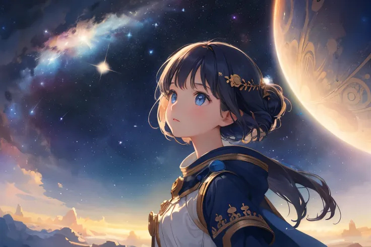 Craft a high-quality illustration of a girl wandering through outer space, her expression curious and enigmatic, while ensuring an overall sense of nostalgia and fantasy with meticulous attention to detail. Picture the scene with the girl floating graceful...