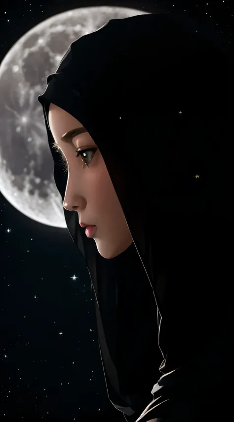 gigantic full moon with a silhouette hijab girl,put the silhouette in the center of gigantic full moon,illustration,detailed face,perfect girl face,dark sky with sparkling stars,ultra-high resolution,photorealistic,vibrant colors,soft moonlight