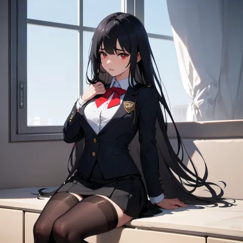 Beautiful thighs in very dark black tights and stockings at the same time on some high school girl in a school uniform with a black skirt, but everything barely fits and breaks and that’s why it hurts her. lying on the windowsill and trying to get comforta...